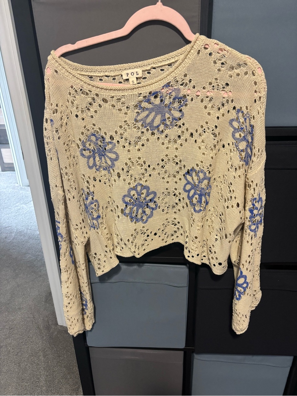 POL Cream Crochet Crop Sweater with Blue Floral Accents